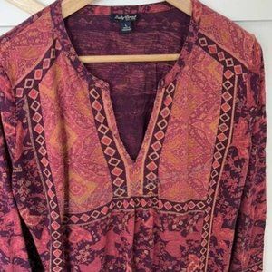 LUCKY BRAND Long Sleeve Floral Boho Flowy High Low Top Blouse shirt Size Large